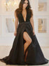 A Line Deep V Neck Black Satin Backless Prom Dresses With Beading High Slit LBQ2586
